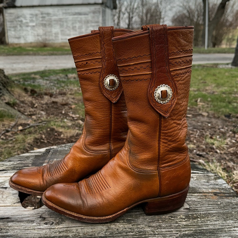 Vintage Lucchese Concho Cowboy Boots Women’s 9 Men’s 7 Western Patina Tobacco - Picture 11 of 13